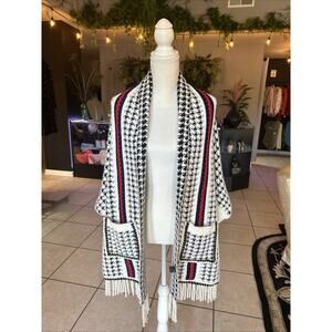 Winter Women’s Swallow Gird Cardigan Pocket Poncho. Bold Red And Navy Stripes.